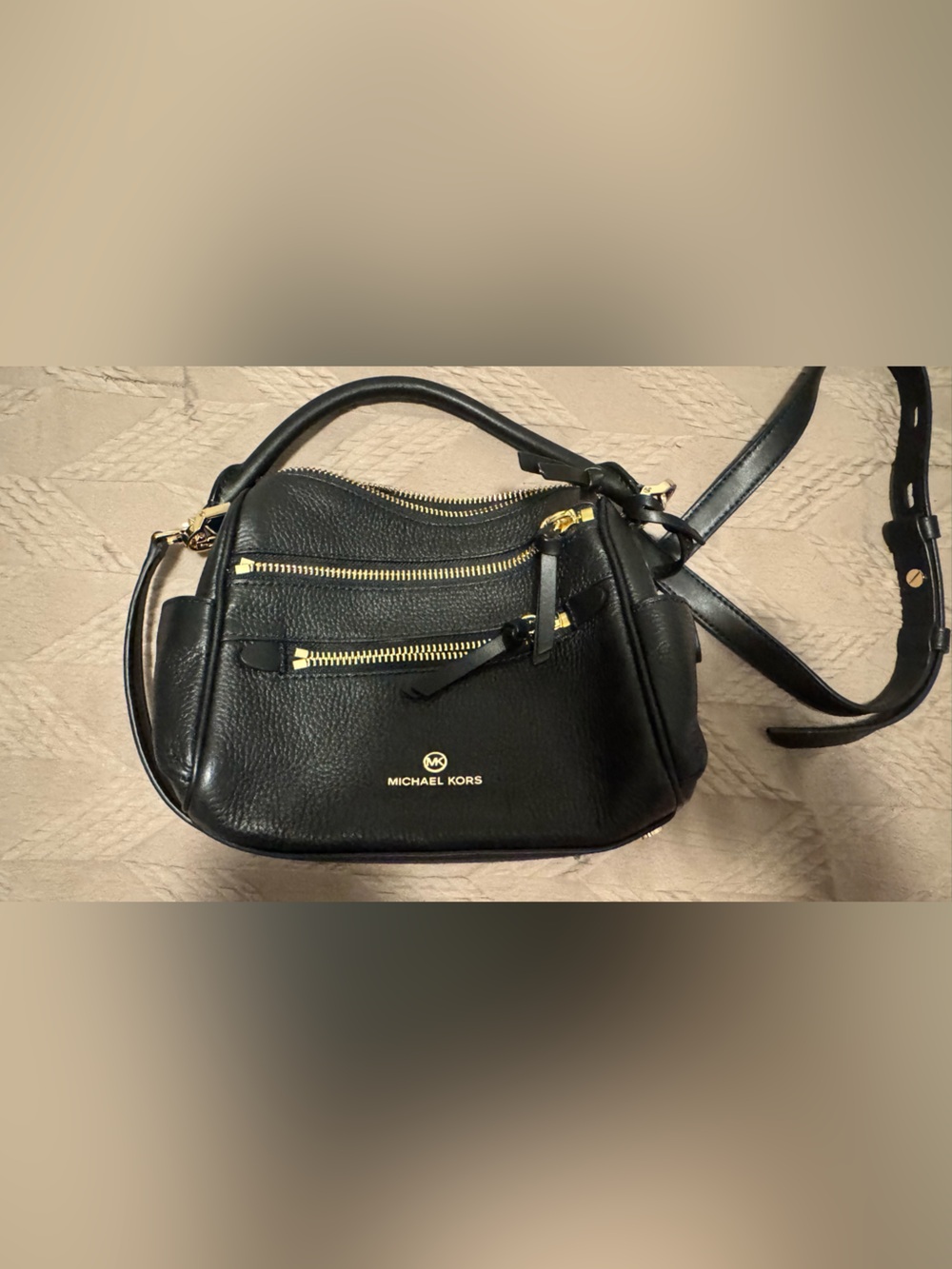 Michael Kors Black Leather Shoulder Bag with Gold Accents